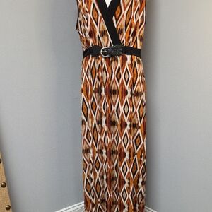 Brown and Black Sleeveless V-Neck Sheath Maxi Dress